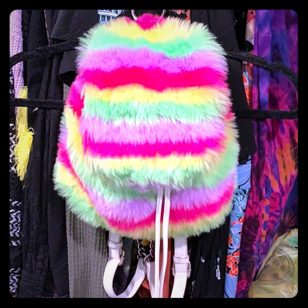 Club Exx UV Pride rainbow fur backpack